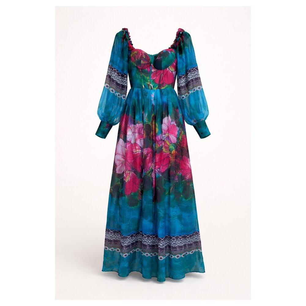 Banjul Corset Dress Womens Small Blue Floral Maxi Off Shoulder Balloon Sleeves